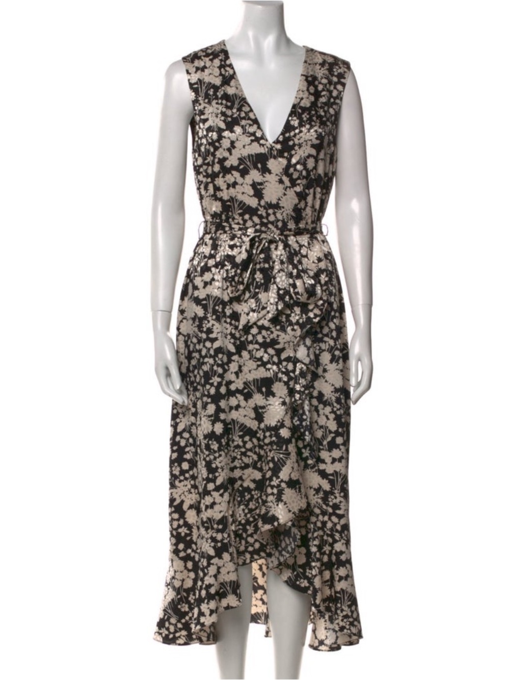 Rebecca Minkoff Black and Cream Floral Wrap-Style Midi Dress